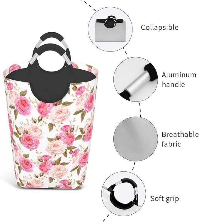 Floral Laundry Basket Flower Rose Laundry Hamper Pink Collapsible Baskets with Handle Dirty Clothes Bag Hamper for Dorm Family Bathroom Decor Storage 50L
