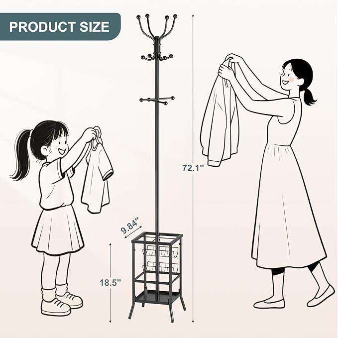 Chiozza Coat Rack Freestanding, Metal Coat Tree with Umbrella Holder, Coat Hanger Stand with 12 Hooks, Standing Coat Rack Stand for Entryway Living Room Bedroom Office