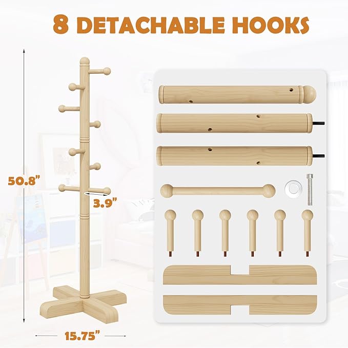 Coat Rack, Freestanding Coat Racks with 8 Hooks 2 Adjustable Height, Tree Coat Rack for Bedroom, Hallway, Entrance, Office, Hats, Handbags,Purse (Nature)
