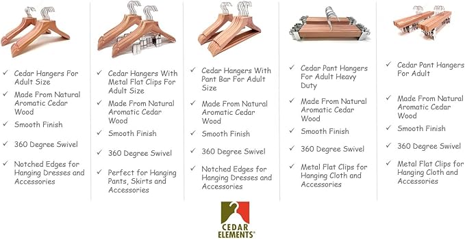 Cedar Elements Flat Top Cedar Hangers – French Style 12 Pack for Adult Size (with Metal Clips for Pant Skirt Hanging)