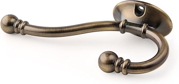 HASWARE 6 PCS Double Prong Robe Hook, Large Dual Coat Hooks with 12 Pieces Screws Wall Mounted Hooks Robe Antique Hooks Hangers Heavy Duty for Home Coats Hat Clothes Hanger Towel Keys (Antique Brass)
