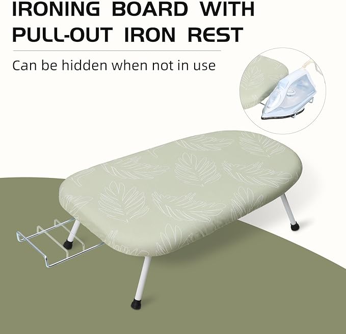 Mini Ironing Board Tabletop Ironing Board Compact Foldable Iron Board Thick Steel Tube with Heat Resistant Covers, Iron Rest for Dorms, Apartment and Travel (Green Leaf)