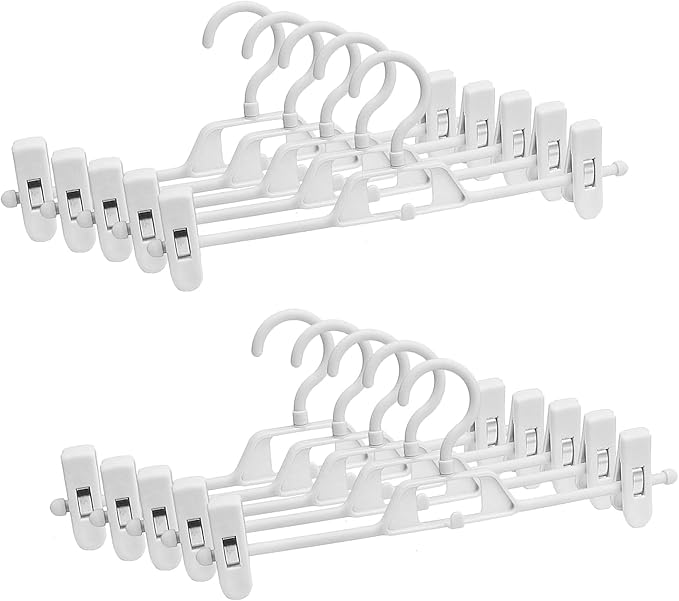 Plastic Pant Hangers with Clips, 10 Pcs Pants Hangers with 360°Rotating & Adjustable Clips, Stackable Clothes Hanger for Skirt, Closet Organizer and Storage | Space Saving (White)