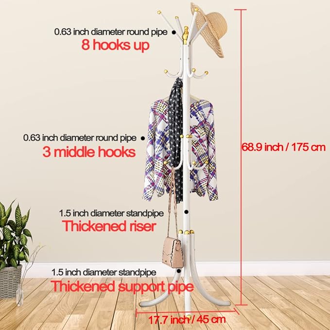 Free-Standing Coat Rack Metal Stand Hanger 12-Hooks Organizer, Hall Tree Entry-Way Furniture for Hanging Up Jacket, Hand-Bag, Cloth, Hat, Winter Scarf Holder for Home or Office Floor White