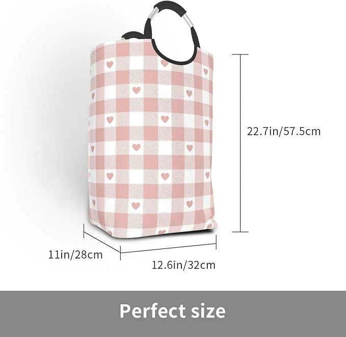 Cute Heart Laundry Basket Pink Buffalo Plaid Foldable Laundry Hamper Checkered Collapsible Laundry Baskets with Handles Clothes Hamper Laundry Tote Bag for Dorm Family Storage Bin 50L