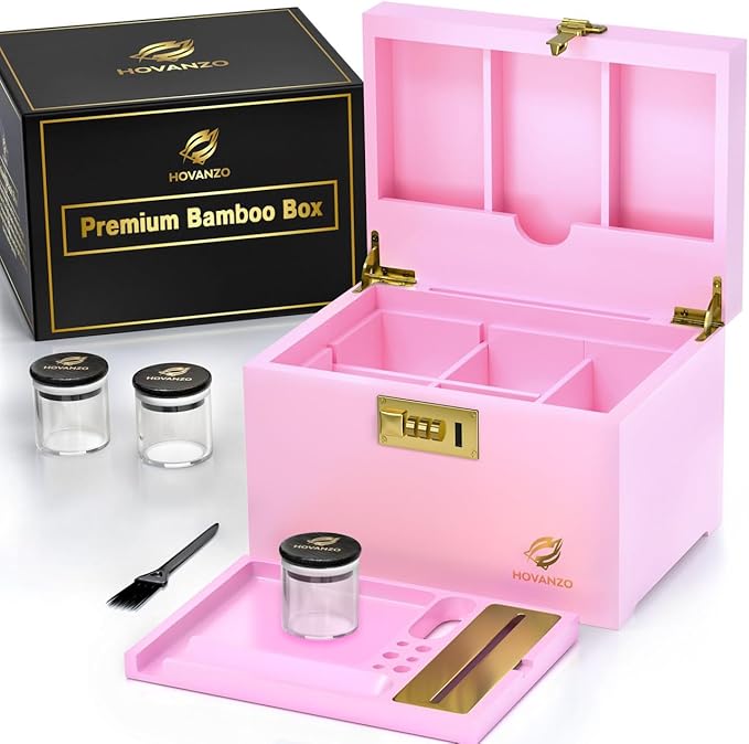 HOVANZO Premium Large Bamboo Storage Box with Removable Tray - Storage Wood Box for Herbs and Accessories - Storage Box Set with Combination Lock - Smell Proof Container with Accessories