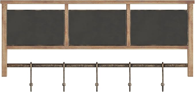 Flash Furniture Daly Wall Mounted Storage Rack - Rustic Brown Solid Pine Wood - 24 Inch - Upper Shelf - 5 Hooks - Wire Baskets - For Entryway, Kitchen, Bathroom
