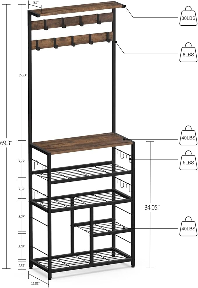 GiftGo Vintage Large 5-Tier Hall Tree with Console Table Entryway Coat Rack Floor Standing Shoes Rack Storage Shelf Organizer for Home Office Bedroom (Rustic Brown)