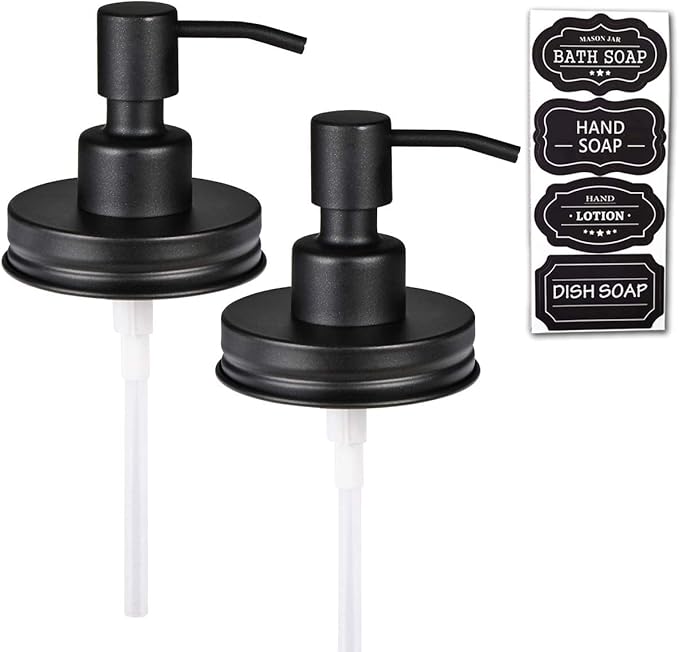 Amolliar Mason Jar Liquid Soap Dispenser Lid, Rust Proof Stainless Steel Replacement, Farmhouse Decor for Kitchen, Bathroom, Bath, Liquid Soap Pump for Hand Soap, Dish Soap, Lotion Soap, Black 2 Pack