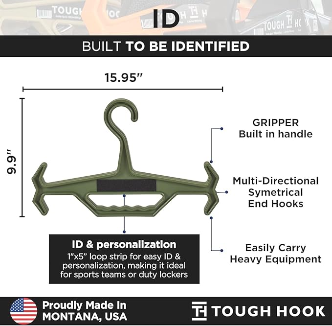 Tough Hook Original ID Heavy Duty Hangers – The Superhero of Hangers USA Made, Anti-Slip Tactical Hanger for Police Gear, Scuba Gear & Dive BCD – 200-lb Cap Wetsuit Hanger with ID Strip,1 Pack Foliage