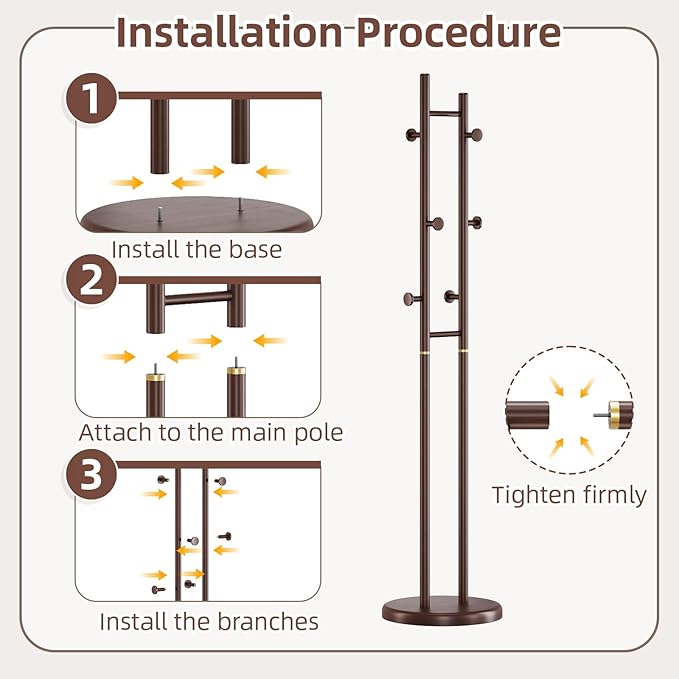 CozyDH Coat Rack Wooden Freestanding - Wood Coat Rack Freestanding Heavy Duty, Wooden Coat Stand with 6 Hooks Creative Look for Entryway, Hallway, Bedroom (Dark Walnut)
