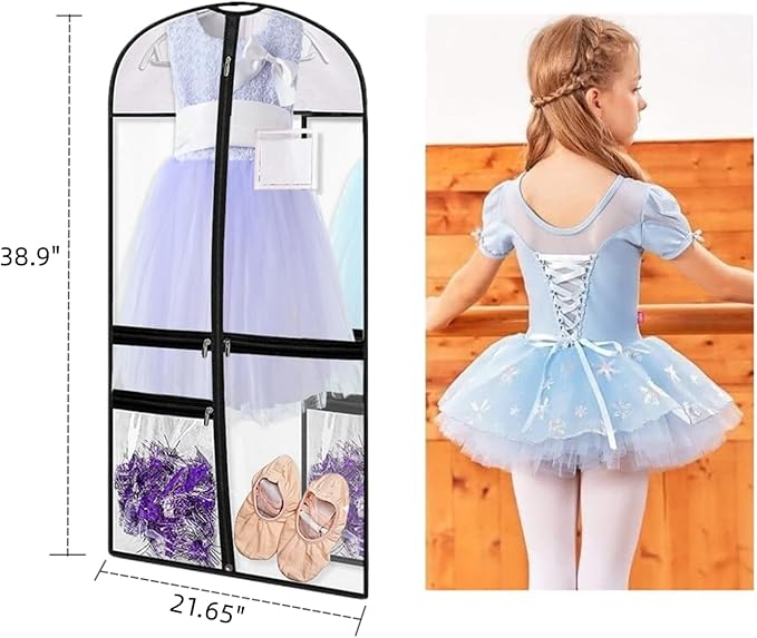 Clear Dance Costume Garment Bag, 39 Inch Garment Bag for Dance Competitions, Kids Hanging Clothes Cover for Girls Closet Storage with 3 Zippered Pockets (2 Pack, Clear)