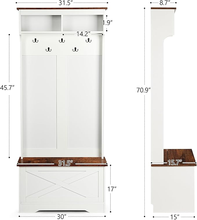 CHANCEE Hall Tree with Bench and Storage, Vintage White Coat Rack with 5 Hooks, 2 Shelves, Cabinet, Space-Saving Entryway Wardrobe Organizer for Bedroom, Hallway, or Mudroom
