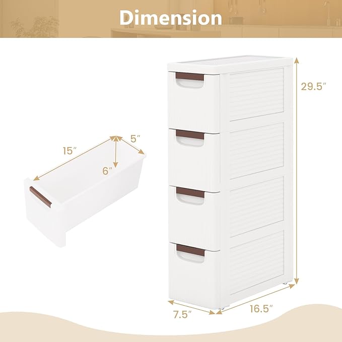 LOKO 4-Drawer Narrow Storage Cabinet, Slim Rolling Cart, Mobile Plastic Cart Container with Pull Handles, Built-in Wheels, for Living Room, Kitchen, Bathroom, Office (7.5"x16.5"x29.5" (4 Drawer))