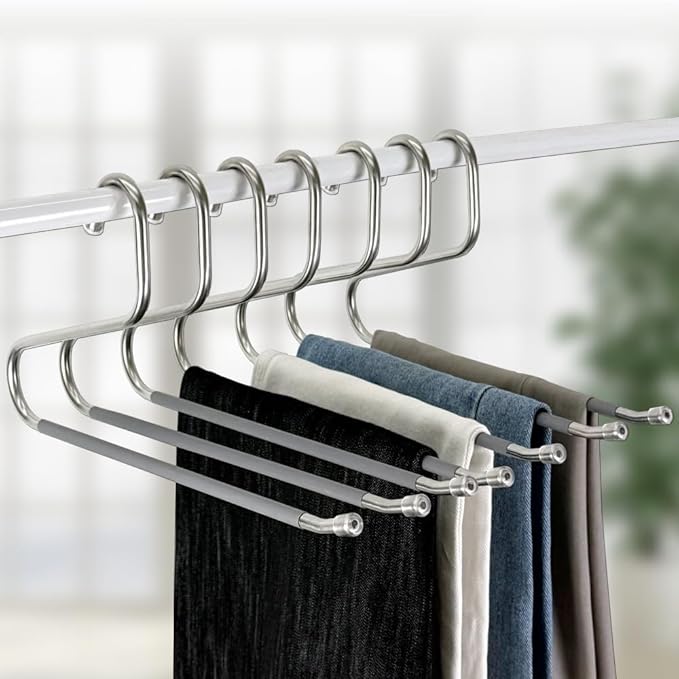 OLG 8mm Stainless Pants Hanger with V Hook and Reverse S, Non-Slip for Men Women -Heavy-Duty Trouser and Jeans Closet Organizer, Ganchos para Pantalones (10, Gray)