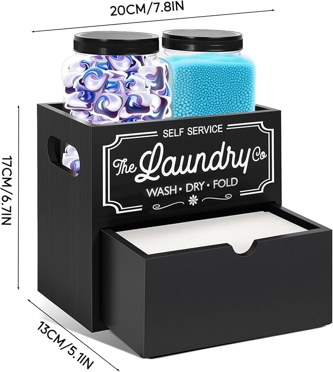 Laundry Pods Container, 7.8 x 5.1 x 6.7 Inches Wooden Dryer Sheet Container, Rustic Containers Storage Box, 2-Tier Storage Box with Drawer for Dryer Sheets and Pods (Black)