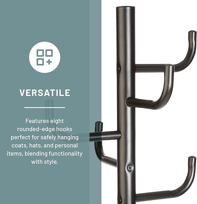Safco Hook Head Coat Rack, Freestanding Hat and Jacket Hanger with 8 Rounded Edge Hooks, Durable Black Powder Coat Finish