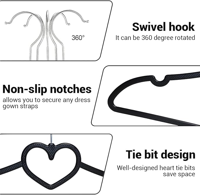 Plastic Hangers 20 Pack, Black Slim Hangers Clothes Hangers Ultra Thin Space Saving- Cute Hangers with 360 Degree Swivel Hook-Strong Adult Hangers for Dress,Shirts, Coat