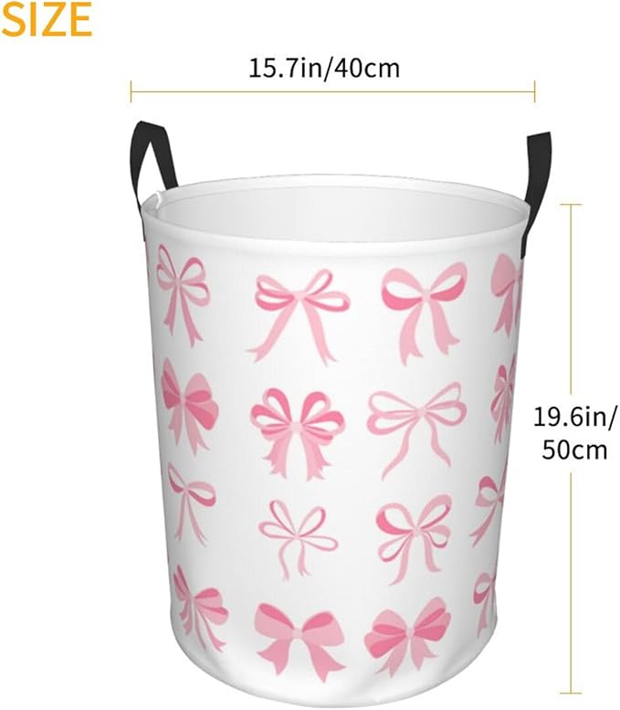 Laundry Basket Room Decor,Round Laundry Hamper Waterproof Dirty Clothes Hamper Collapsible Laundry Baskets With Handles,Toy/Clothes Storage Basket For Home Dorm Bathroom Decor (Pink Bow)