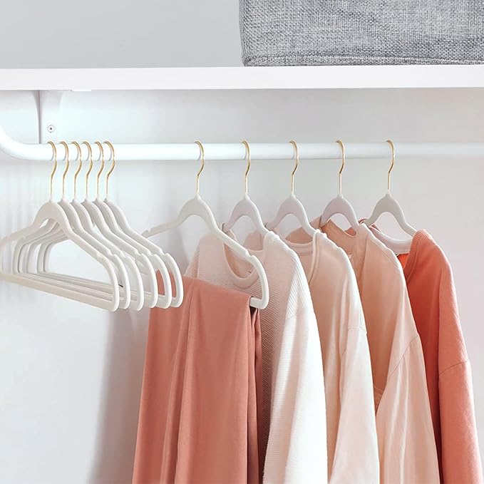 ManGotree Velvet Coat Hangers with 360° Swivel Gold Hook, Non-Slip Felt Suit Hangers, Slim Space Saving Clothes Hanger for Jacket, Sweater, Shirt, Dress, Pants (22 Pack, White)