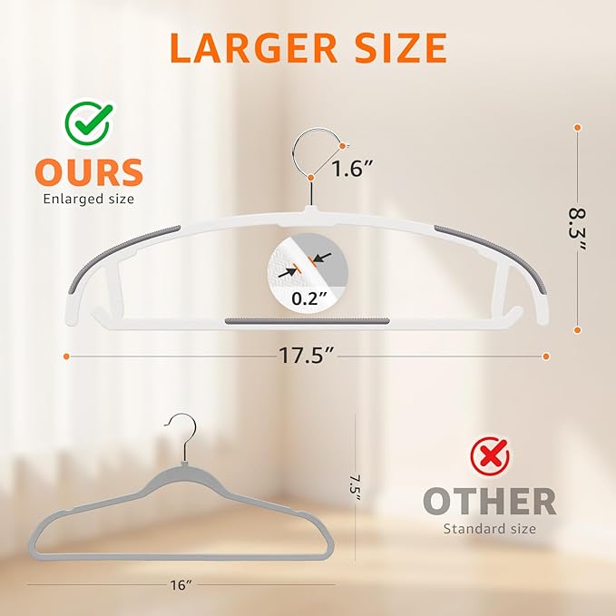 Yolife Plastic Clothes Hangers 50 Pack with Non-Slip Pads, 17.5" L × 8.3" H Heavy Duty Hanger with 360° Swivel Metal Hook, Slim Space Saving Hangers for Closet Organizer, White & Gray