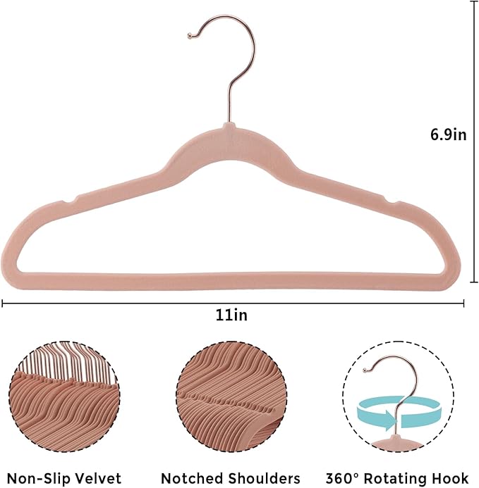 Baby Velvet Hangers 50 Pack - 11 Inch Non Slip Felt Kids Hanger for Infant Clothes - Ultra Thin Baby Felt Hangers for Toddler Kids' Closet with 10 Hanger Clips - Pink