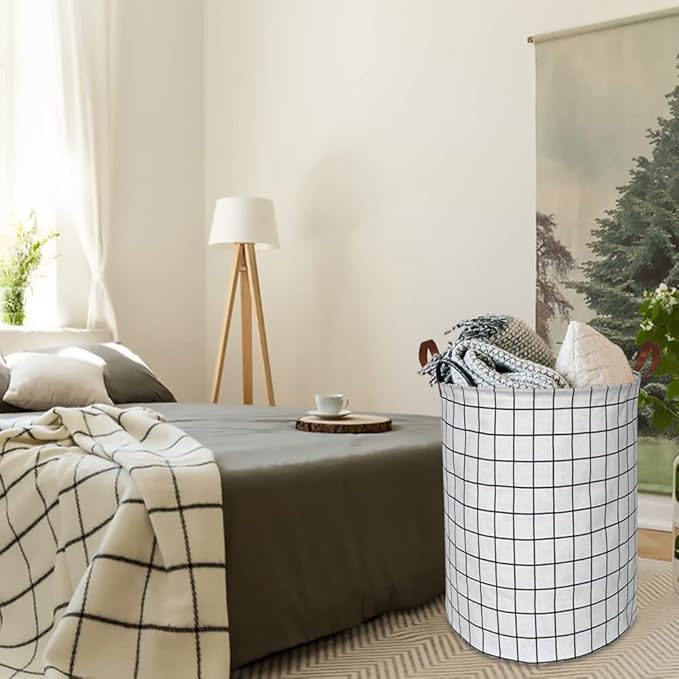 CLOCOR Collapsible Round Laundry Hamper/Large Storage Basket/Toys Bin/Boys and Girls Hamper/Room Decor (White check)