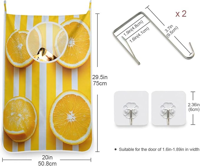 Hanging Laundry Hamper Over the Door with Stainless Steel Hooks Rack Dirty Clothes Wall Mounted Hamper Basket Bag 29.5X20inch Yellow Orange Fruit