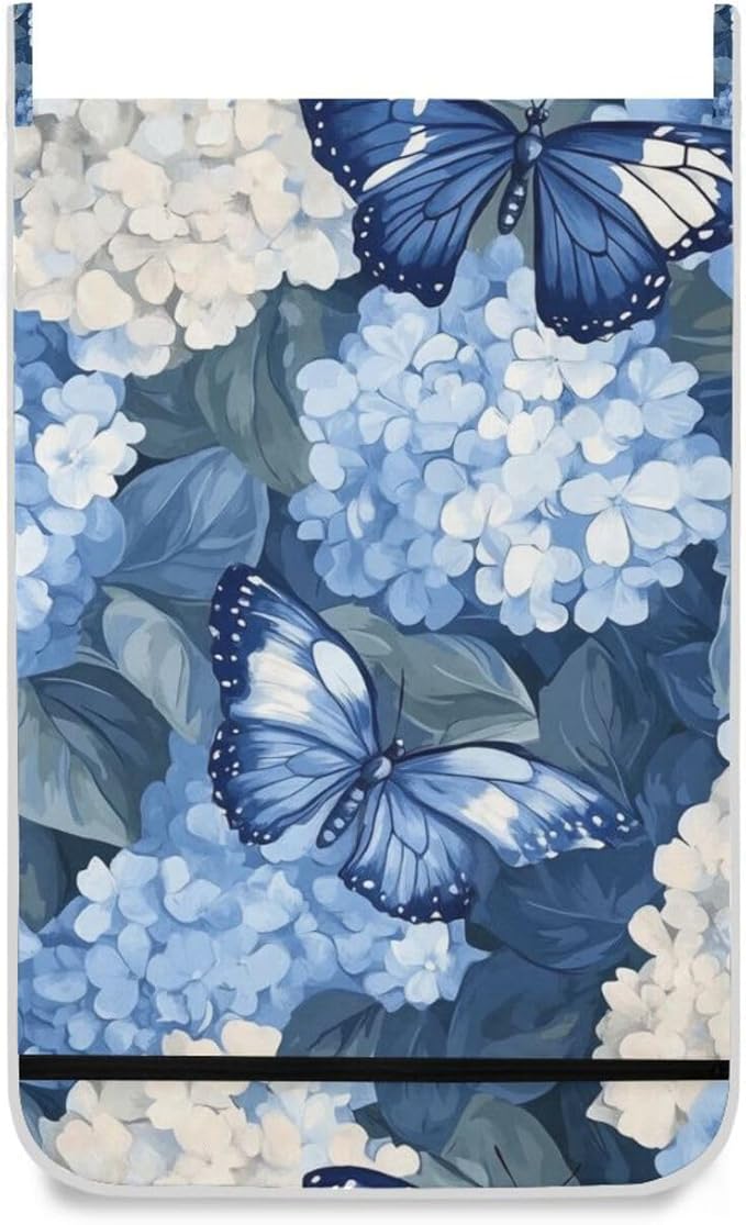 Blue Hydrangea and Butterfly Door Hanging Laundry Hamper Bag with Free Adjustable Stainless Steel Hooks Dirty Clothes Hamper Extra Large Over the Door Laundry Hamper 29.5X20inch 1 PCS