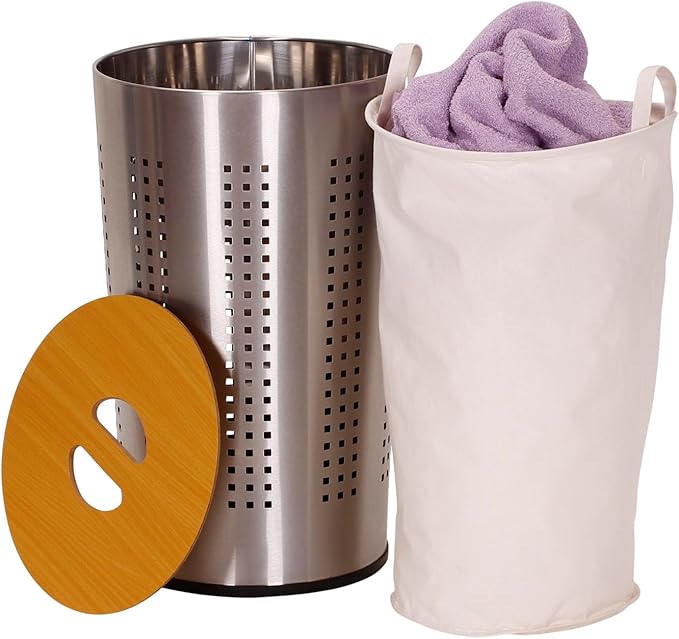 Household Essentials 7081-1 Round Metal Laundry Hamper - Removable Liner Bag and Wood Lid - Stainless Steel
