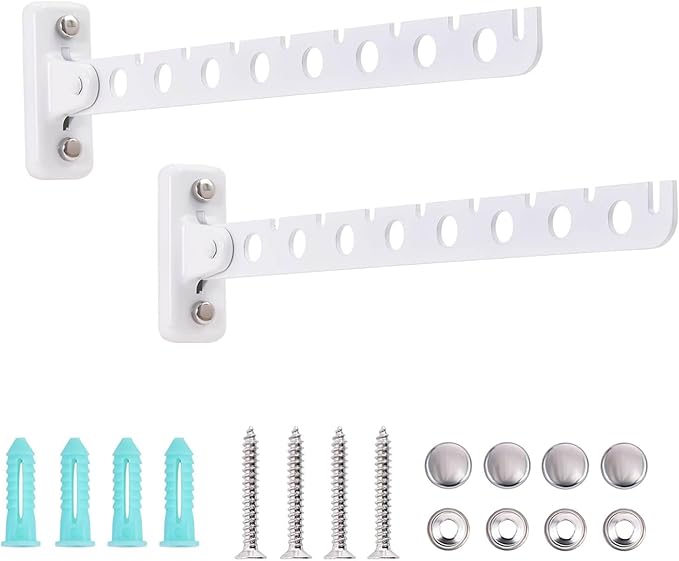 COTTAGE LIFE Wall Mounted Clothes Hanger Rack White Foldable Stainless Steel Hanger for Laundry Room Space-Saving Heavy Duty Dryer Hook 2 Pack