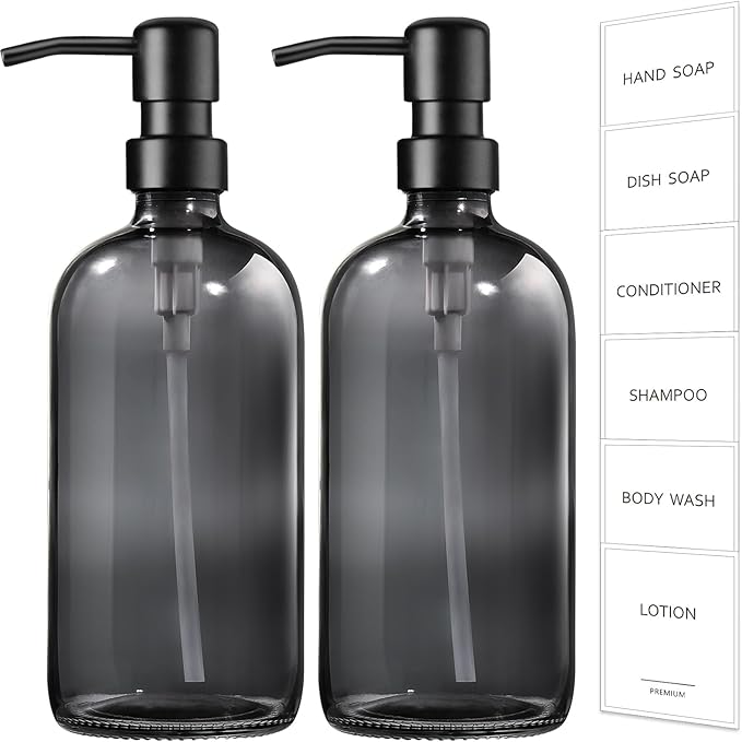 GMISUN Black Soap Dispenser, 2 Pack Hand Soap Dispensers for Bathroom, 17 Fl Oz Dish Soap Dispenser for Kitchen with Stainless Steel Pump, Modern Liquid Soap Bottle Set