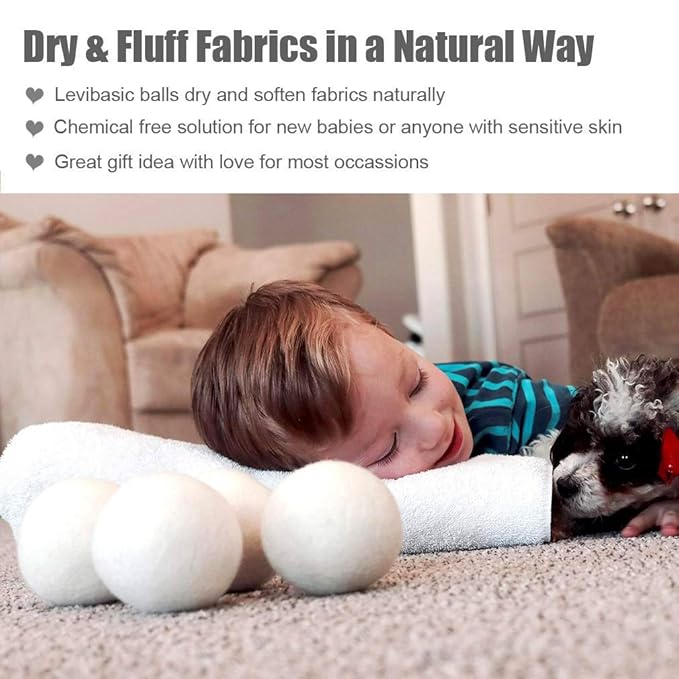 Wool Dryer Balls 6 Pack XL, 3" Genuine New Zealand Wool to Core, 100% Organic Fabric Softener Alternative, Baby Safe & Chemical Free, Reduce Wrinkles & Shorten Drying Time (White-6pcs)