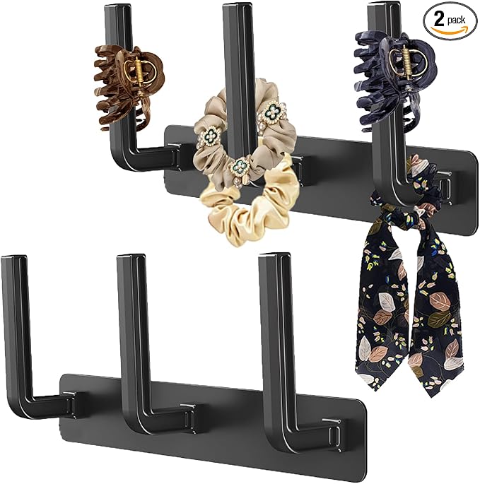 clino 2 Pack Headband Holder, Hair Ties Holder,Multifunctional Hooks, Removable Hat Hook, Claw Clip Organizer, Hair Accessories Organizer for Women and Girls, Men Hat Rack for Baseball Caps (Black)