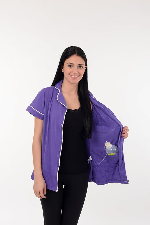 USBD Post Mastectomy Shirt with Drain Pockets Lapel Collar Post Op Button Down Recovery Tops