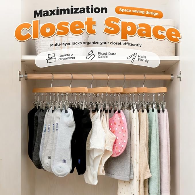 Legging Organizer for Closet, 2026 New Pants Hangers with 10 Clips, Space-Saving Clothes and Hat Storage Hook, Hanging Closet Organizer Hanger Clips for Skirts, Shorts, Trousers, Socks (Wood*2)