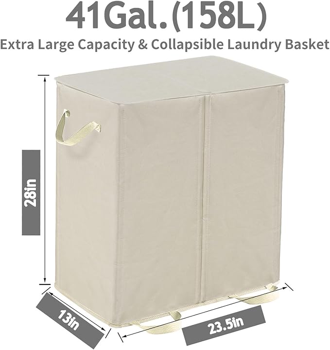 Double Laundry Hamper with Lid and Removable Bags, Laundry Basket 2 Section, Double Hampers for Laundry, Large Divided Hamper, Dual Laundry Hamper 2 Section with Handles Dorm 140L Beige