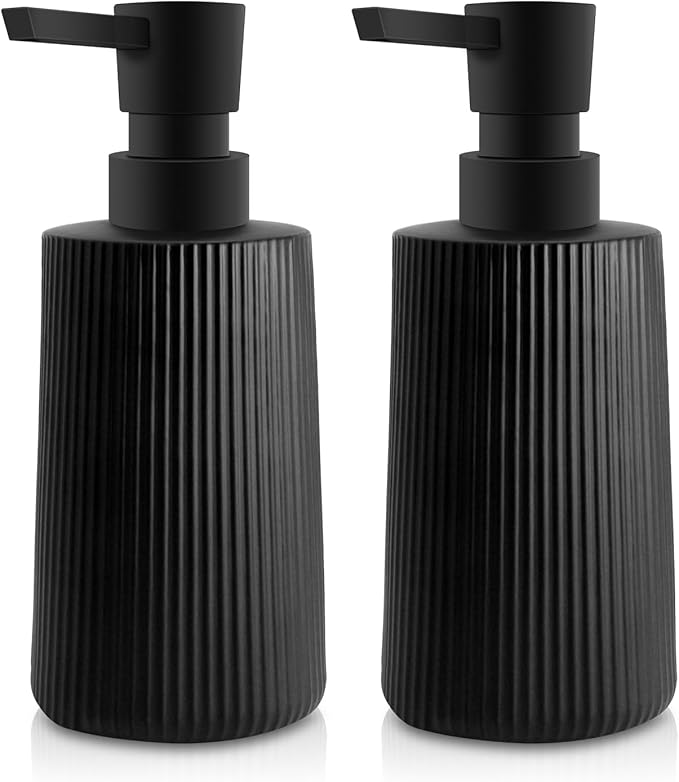 Glass Soap Dispenser for Bathroom, 250ml/8.5oz Dish Soap Dispenser with Pump for Kitchen, Modern Minimalist Stripe Style Hand Soap Dispenser, Small Refillable Soap Dispenser (Black 2pcs)