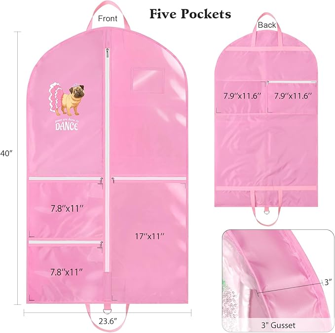 Univivi Dance Garment Bags for Dancers, 3" Gusseted Garment Bags for Dance Costumes with 5 Pockets, 40" Dance Garment Bag with Puppy Pattern for Dance Competitions and Travel, 3-Pack (Pink)