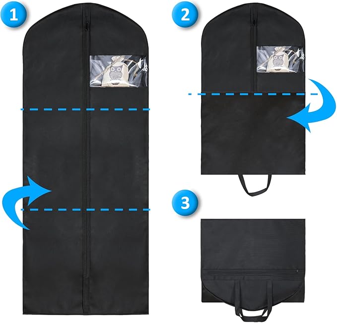 2 Pack 60"Garment Bags for Suits and Coats Lightweight Foldable with Travel Handle, Closet Storage and Travel-Friendly with Transparent Inner Bag Set, Black