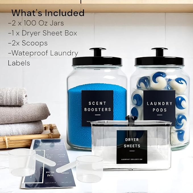 Glass Laundry Room Organization and Storage Set with Containers for Laundry Pods, Dryer Balls, Fabric Softener, Scent Booster Acrylic Dryer Sheet Holder 2 Large Glass Jars Labels and Scoops (3)