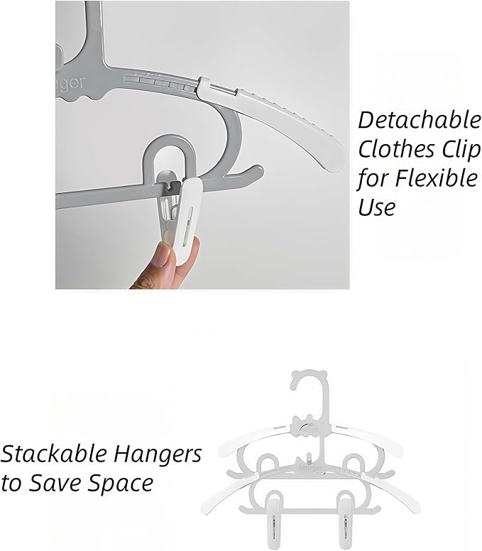 Baby Kids Clothes Hangers with Clips, 10 Pack Toddler Infant Childrens Hanger for Closet, Plastic Adjustable Stackable Hangers for Baby Clothes, Grey