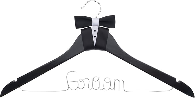 Ella Celebration Groom Hanger for Tuxedo or Suit, Hangers for Bridal Party, Wooden and Wire, Black Wood (Groom)