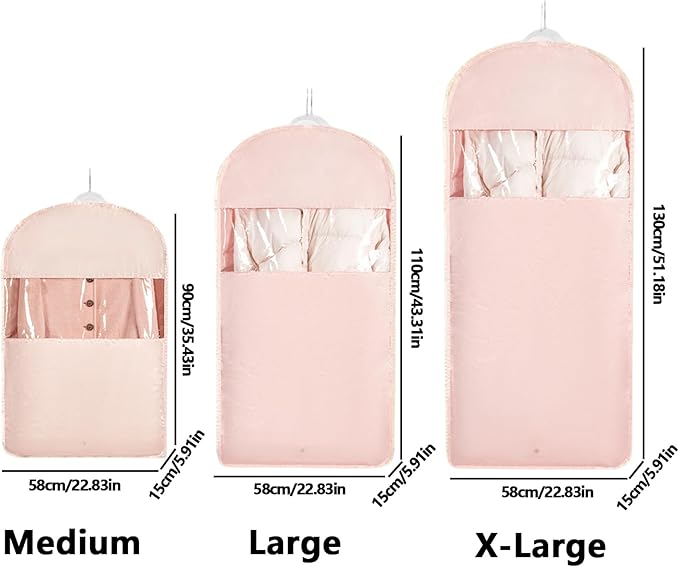 Space Saving Hanging Garment Bag with Self Compression Zipper，Dust Cover Clothes Bags for Down Coat,Dress,Suit，Closet Storage Organizer for Home Travel Use(Pink, L)
