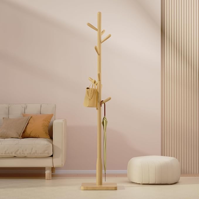 Solid Wood Square Base Coat Rack, Free Standing Hall Coat Tree with 8 Hooks（+2 spare) for Coats, Hats, Bags, Purses, for Entryway, Hallway, Rubberwood Hooks,Base and Pole,(Square Base, Natural Beige)