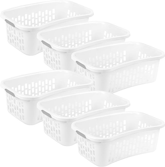 Sterilite 6 Pack HipHold Laundry Basket, Plastic Rectangle Clothes Hamper with Comfort Grip Handles & Reinforced Rim, 1.5 Bushel Capacity, White