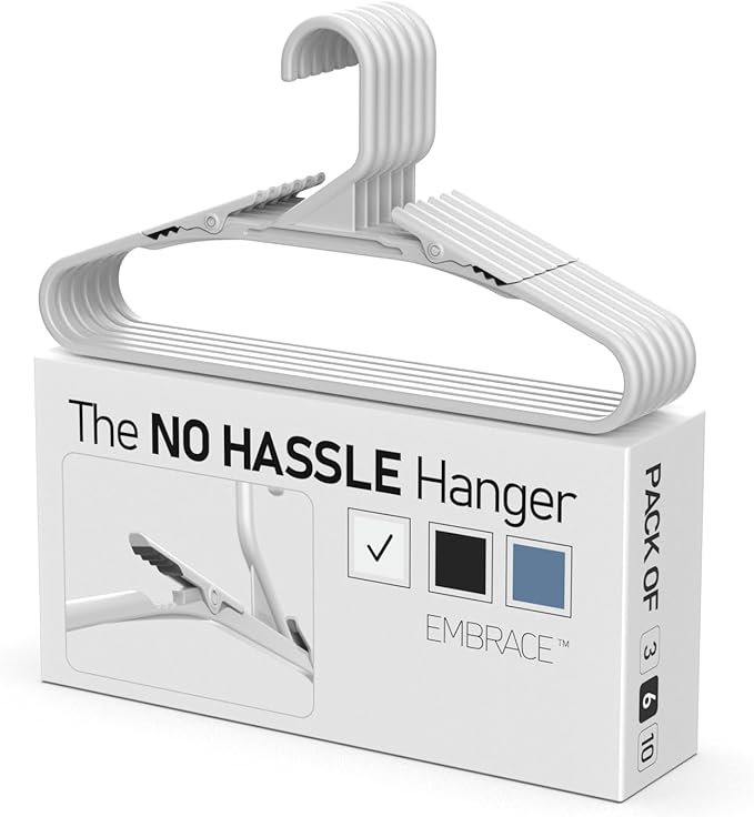No Hassle-Hangers Best Clothes Hanger Ultra Soft Rubberized Grip Clip Keeps Garments in Place and Off The Floor. Perfect for Wide Neck Silks & Satin Tops, delicates, Athletic wear. (6, Bright Grey)