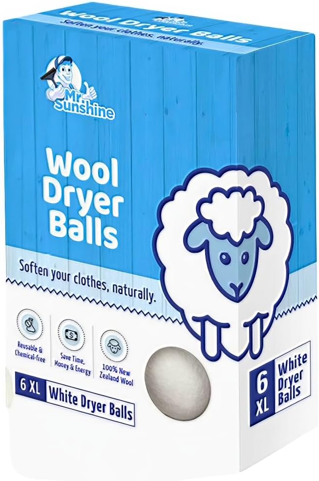 Mr. Sunshine White Wool Dryer Balls, Extra Large (Pack of 6) - Chemical-Free, Natural Clothes Softening Solution