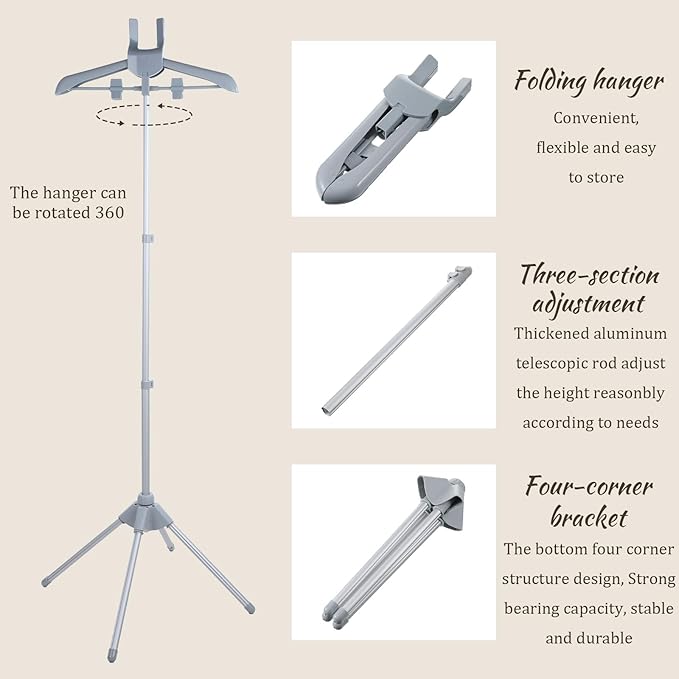 Adjustable Garment Steamer Rack with Garment Ironing Glove, Portable Foldable Clothes Steamer Stand Hanger Handheld Hanging Ironing Stand for Dresses Pants Shirts (32-63 Inch)