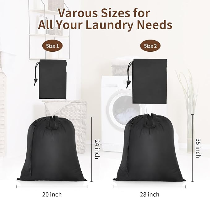 OTraki 2 Pack Washable Travel Laundry Bag 20x24 inch Heavy Duty Laundry Bags with Handles Dirty Clothes Drawstring Laundry Hamper Liner Bag Drying Do Not Exceed 176℉ Black